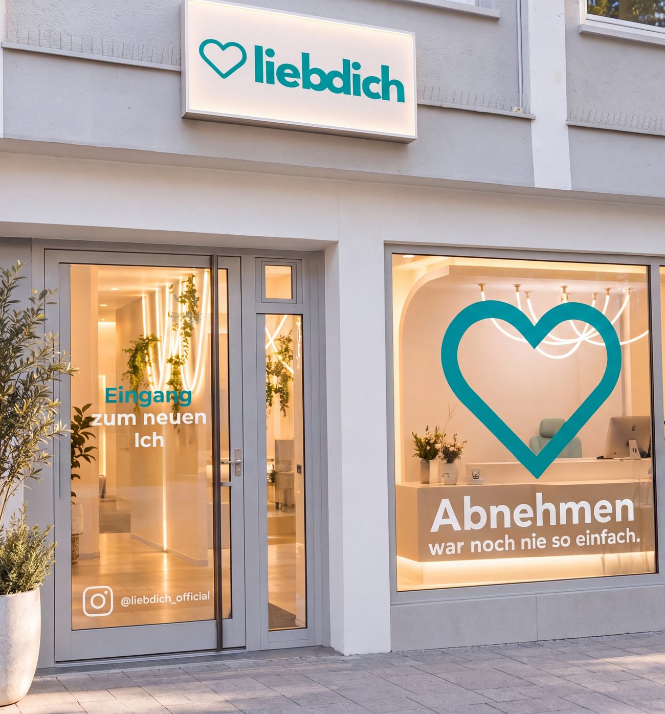 liebdich Studio Heilbronn von außen: Eingang „Eingang zum neuen Ich“ und Schaufenster mit großem Herz (KI-Visualisierung)
