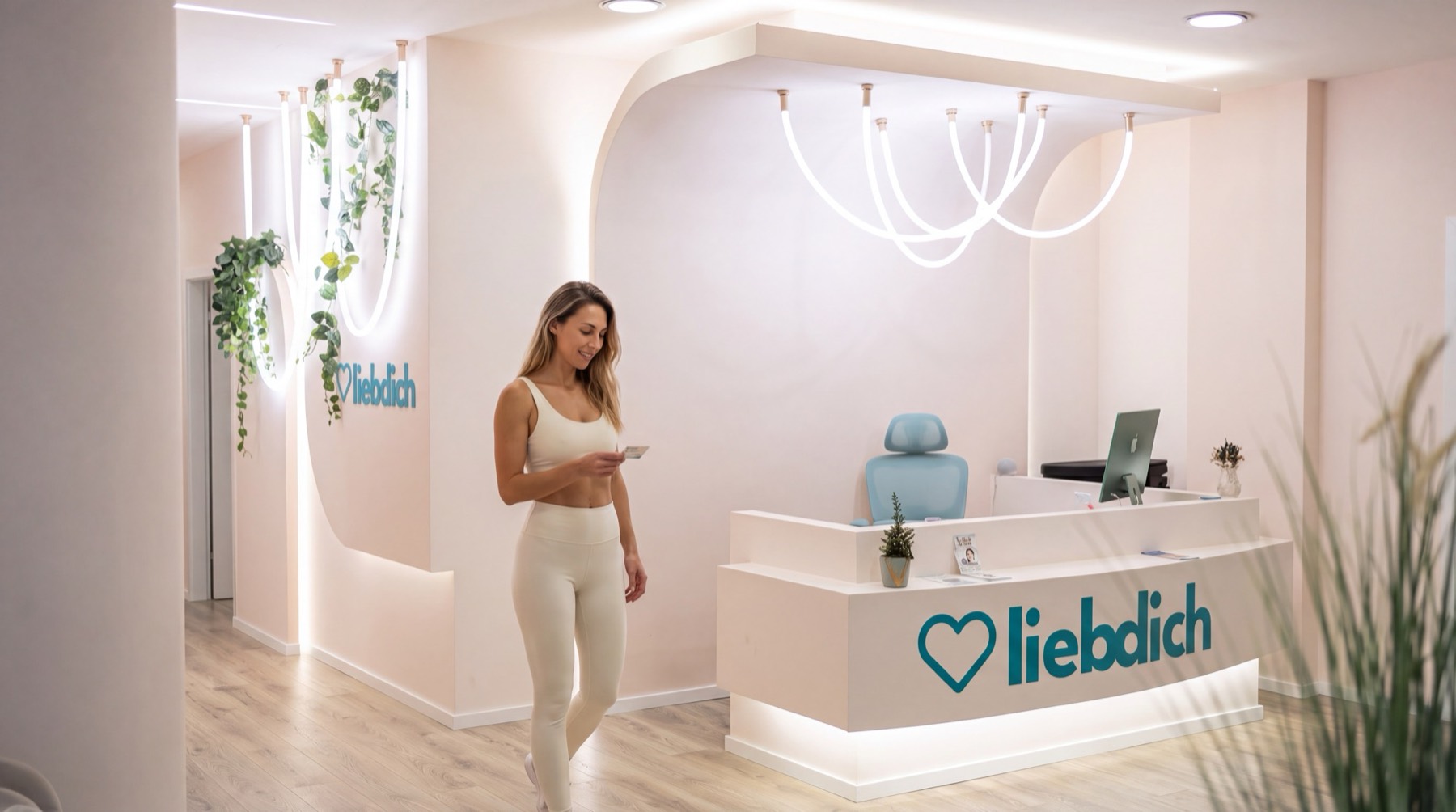 Empfang im liebdich Studio Heilbronn mit Lichtbögen und Efeu (KI-Stimmungsbild)